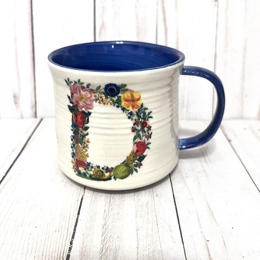 Anthropologie Nathalie Lete Monogram Initial D Cup Floral Cat Blue Boho Mug